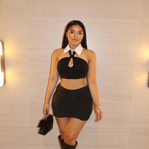Polo collar hanging neck strapless mini skirt two-piece set