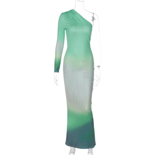 Printed diagonal collar single sleeve long hip hugging dress