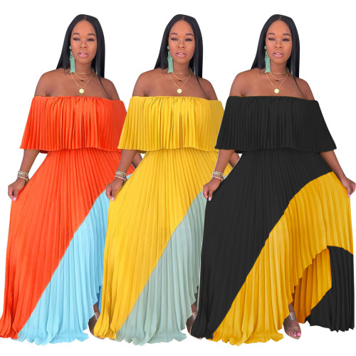 One shoulder pearl chiffon pleated patchwork long skirt
