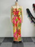 Printed fungus edge suspender wide leg two-piece set