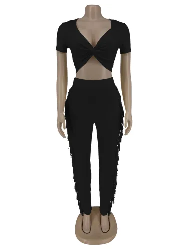 Tassel pants cross short sleeved two-piece set