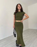 Solid color round neck short sleeved top and long skirt set
