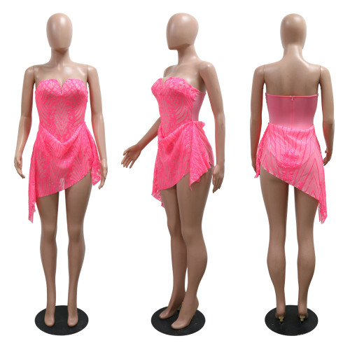 V-neck strapless see through sequin dress