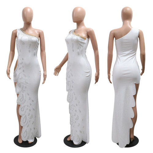 Irregular hip hugging long skirt with sloping shoulders
