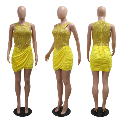 Sleeveless round neck irregular sequin short skirt