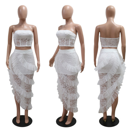 Sleeveless lace strapless top irregular half skirt two-piece set