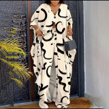 V-neck printed drawstring pants plus two piece set