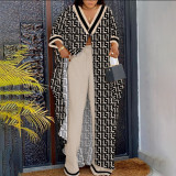 V-neck printed drawstring pants plus two piece set