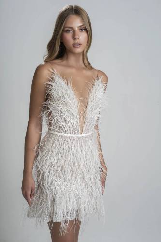 Waist deep V-feather suspender skirt