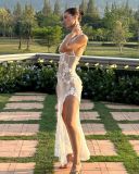 Deep V backless suspender mesh three-dimensional flower dress