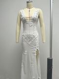 Deep V backless suspender mesh three-dimensional flower dress