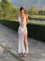 Deep V backless suspender mesh three-dimensional flower dress