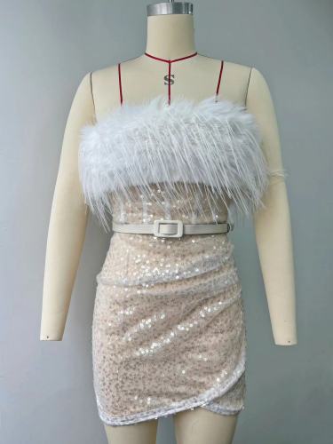 Sequin dress, one shoulder feather dress