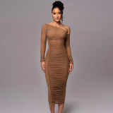 Women's long sleeved mesh spliced diagonal shoulder mid length skirt