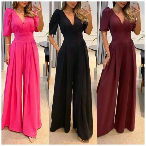 Solid color high waisted women's wide leg jumpsuit