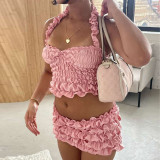 Folded neck hanging suspender vest, hip hugging short skirt set