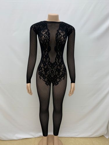 Round neck backless see through long sleeved one-piece knitted jumpsuit pants