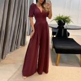 Solid color high waisted women's wide leg jumpsuit