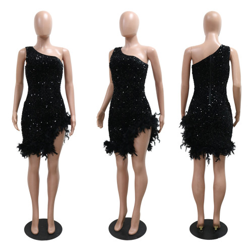 Slanted shoulder sequin feather dress