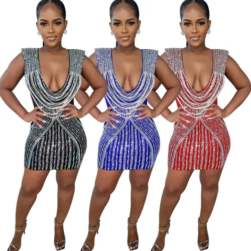 Deep V-neck sleeveless hip hugging rhinestone dress