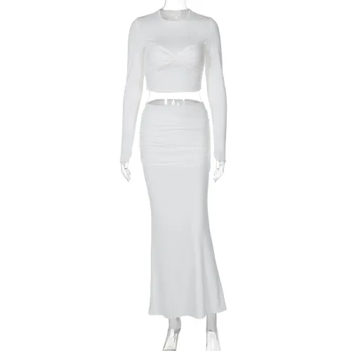 Long sleeved pleated long skirt two-piece set