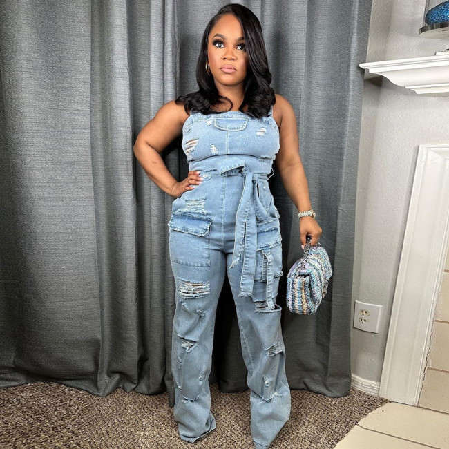 Elastic chest wrapped ripped tassel washed denim jumpsuit