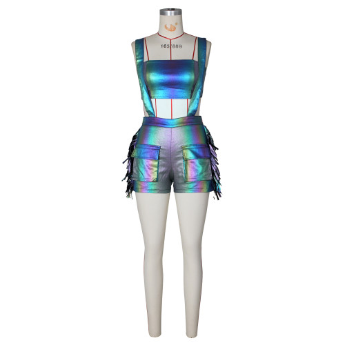 Chest hugging fringe suspender shorts set