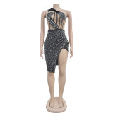 Women's mesh hot pressed diamond mid length dress