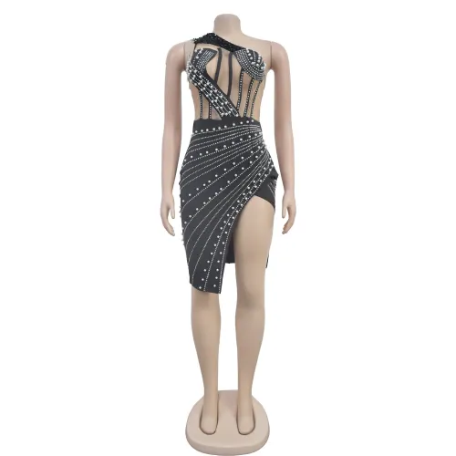 Women's mesh hot pressed diamond mid length dress