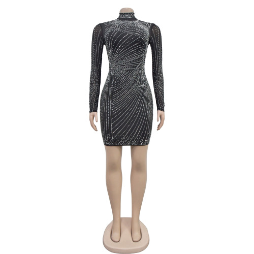 Women's hot stamping diamond mesh round neck dress