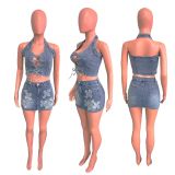 Cross Embroidered Elastic Cowboy Two Piece Set