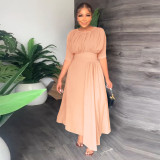 Round neck waist cinched irregular dress