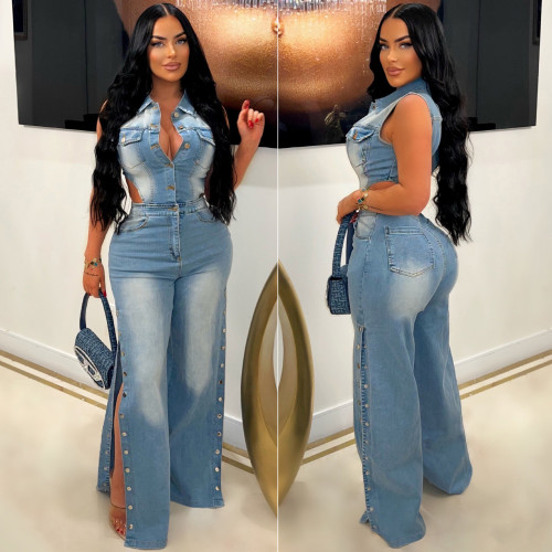 Elastic denim straight leg jumpsuit