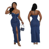 Strapless shoulder baring slit workwear denim dress