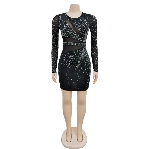 Women's mesh rhinestone long sleeved short skirt dress