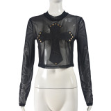 Mesh Perspective Splicing Cross T-shirt