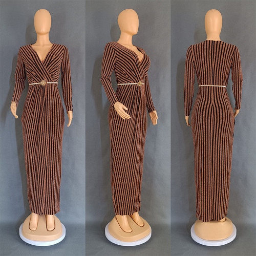 Gold and silver striped hip hugging dress