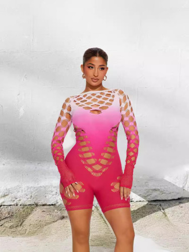 High elasticity tie dye hollow out long sleeved jumpsuit