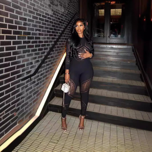 Hollow out hip hugging knitted high waisted jumpsuit pants