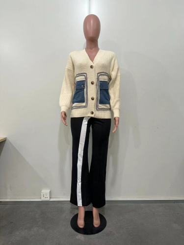 Splicing single breasted denim pocket loose sweater