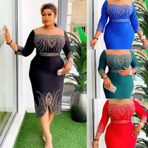 Women's mid sleeve nail bead hot stamping dress