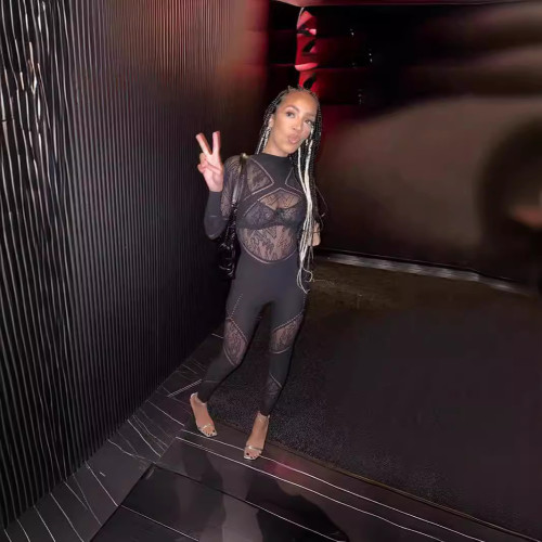 Hollow out hip hugging knitted high waisted jumpsuit pants