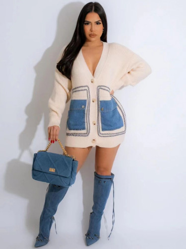 Splicing single breasted denim pocket loose sweater