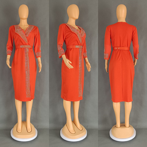 Large size women's dress with hot stamping diamond solid color skirt