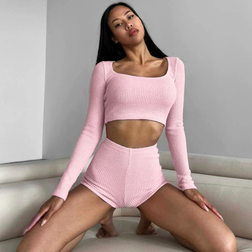 Solid color long sleeved square neck tight two-piece set