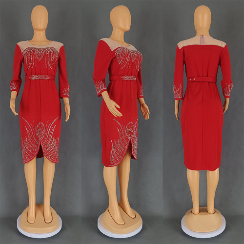 Women's mid sleeve nail bead hot stamping dress