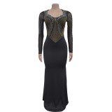 Women's rhinestone solid color long sleeved dress