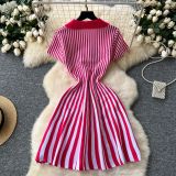 Collar short sleeved striped knitted dress