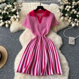 Collar short sleeved striped knitted dress