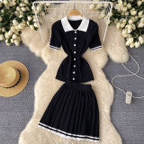 Color blocked Polo collar short sleeved shirt top+high waisted pleated skirt two-piece set